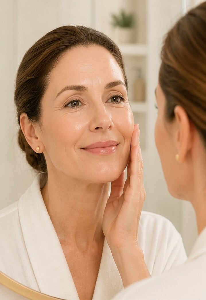 Woman using Flawless Face Lift Mist before and moments later