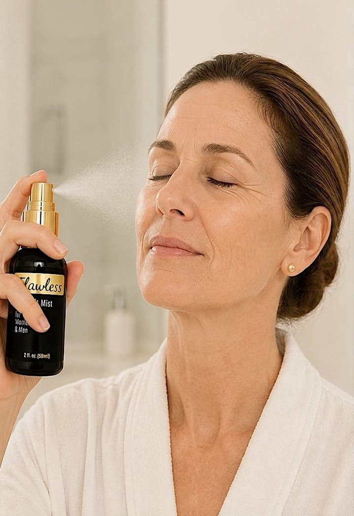 Woman using Flawless Face Lift Mist before and moments later